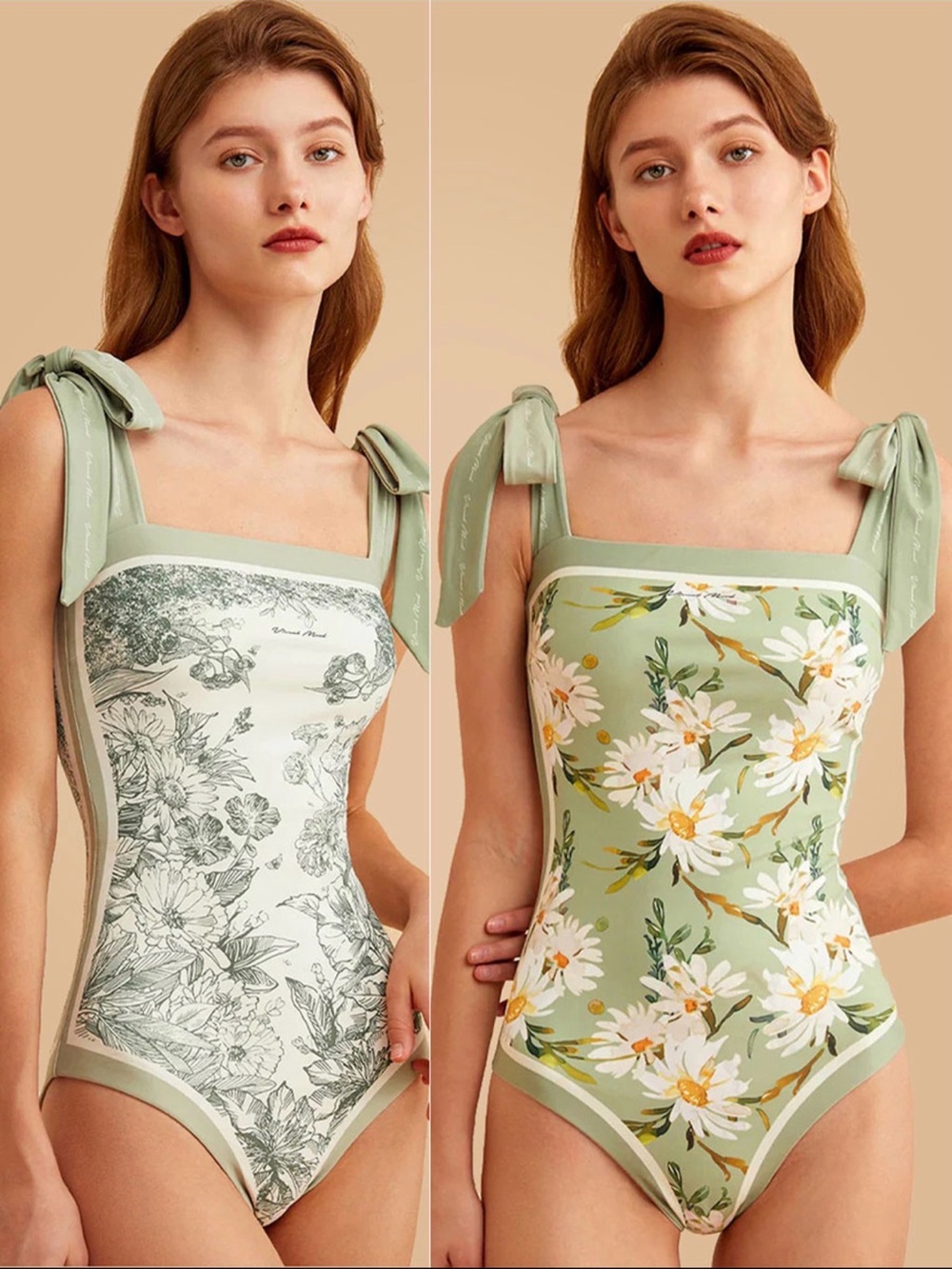 VIOLET REVERSIBLE Swimsuit Floral Tie-Shoulder in Sage Green